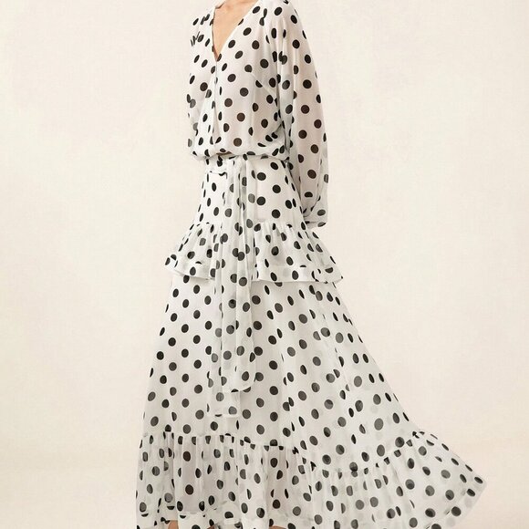 Elegant Women's Polka Dot Bowknot Flare Sleeve Ruffle top & Maxi skirt set - Picture 4 of 7